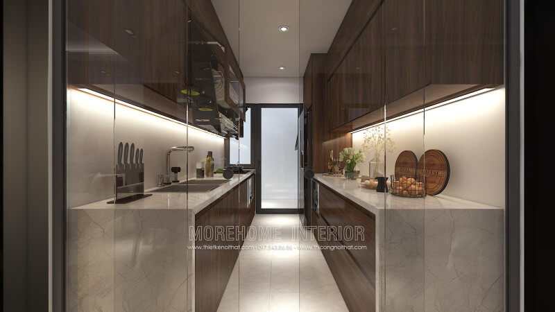 Thiết kế tủ bếp đẹp riêng biệt với khu vực sinh hoạt khác, gia chủ cũng lựa chọn sử dụng kết hợp với cửa kính cường lực giúp cho mùi dầu mỡ không bay ra ngoài ảnh hưởng đến các không gian khác Tủ bếp hiện đại,tủ bếp đẹp hiện đại, tủ bếp An Cường