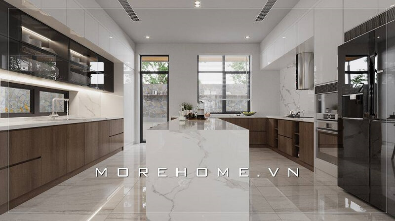 Mang đến không gian phòng bếp lý tưởng với mẫu thiết kế nội thất phòng bếp hiện đại với hệ tủ bếp gỗ công nghiệp thông minh tích hợp nhiều công năng. Thiết kế nội thất phòng bếp