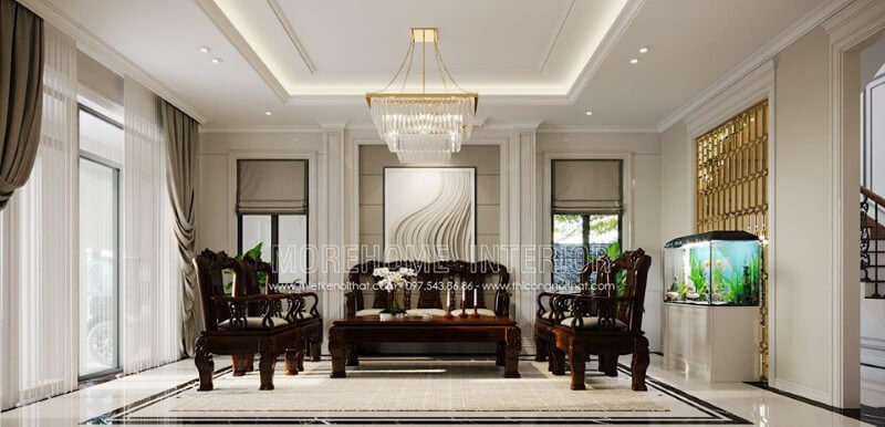 Tranh in canvas treo tường đẹp tạo điểm nhấn ấn tượng cho phòng khách. Thiết kế nội thất phòng khách biệt thự