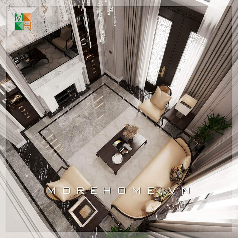 Mẫu thiết kế không gian phòng khách đẹp dành cho căn hộ cao cấp như biệt thự, penthouse, chung cư, nhà phố tân cổ điển. Thiết kế nội thất phòng khách biệt thự