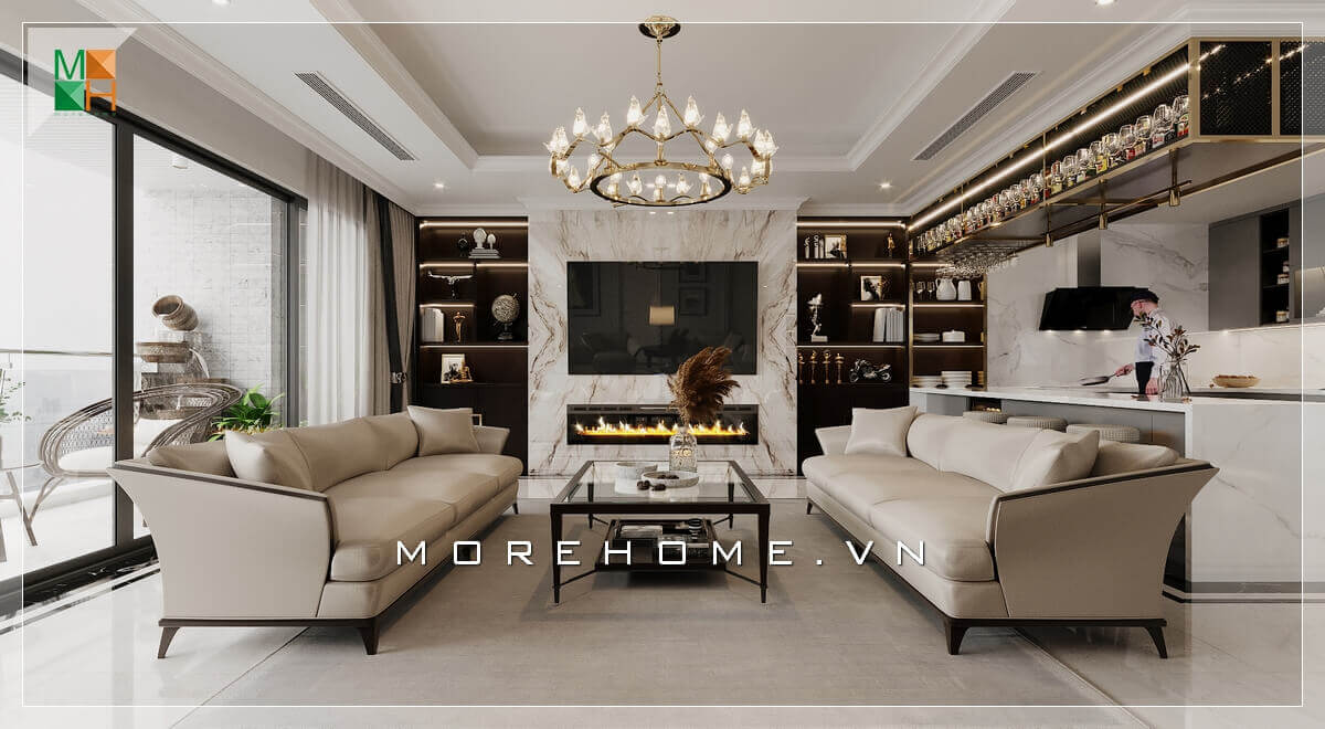 Ấn tượng mẫu đá ốp đối vân tường treo tivi hiện đại và sang trọng khiến căn phòng khách trở nên sáng tạo và độc đáo hơn. Thiết kế nội thất phòng khách biệt thự