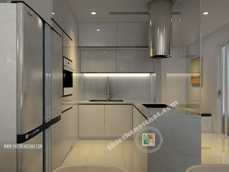 Thiết kế phòng bếp chung cư cao cấp với hệ tủ bếp acrylic màu trắng kết hợp bàn đảo ốp đá nhân tạo mang đến vẻ đẹp sang trọng và đẳng cấp cho căn bếp gia đình bạn Thiết kế phòng bếp hiện đại