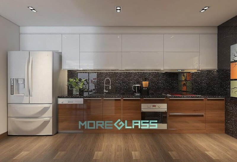 Thiết kế, thi công mẫu kính ốp bếp màu đen kim sa sang trọng cho chung cư, biệt thự, nhà phố. Thiết kế phòng bếp hiện đại