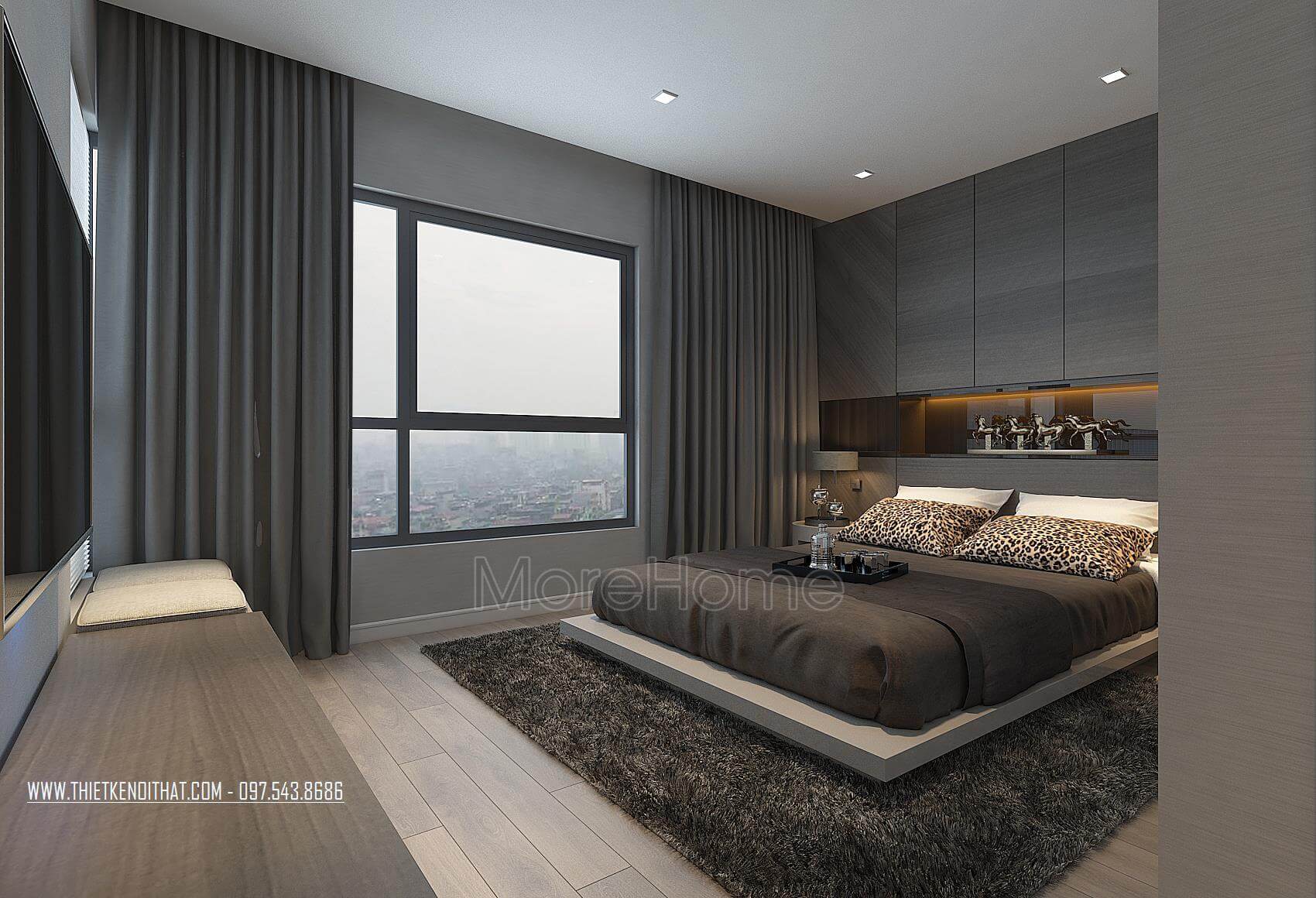 Thiết kế nội thất phòng ngủ master với tone màu tối giản Mẫu nội thất chung cư đẹp