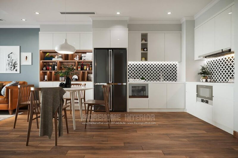 Điểm nhấn của không gian bếp là đá ốp bếp nhân tạo họa tiết lạ mắt làm nổi bật không gian bếp Thiết kế phòng bếp chung cư