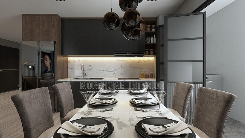 Khu vực nội trợ được thiết kế ngay bên cạnh khu vực ăn uống tạo sự liên kết và thông thoáng cho căn chung cư Thiết kế phòng bếp chung cư