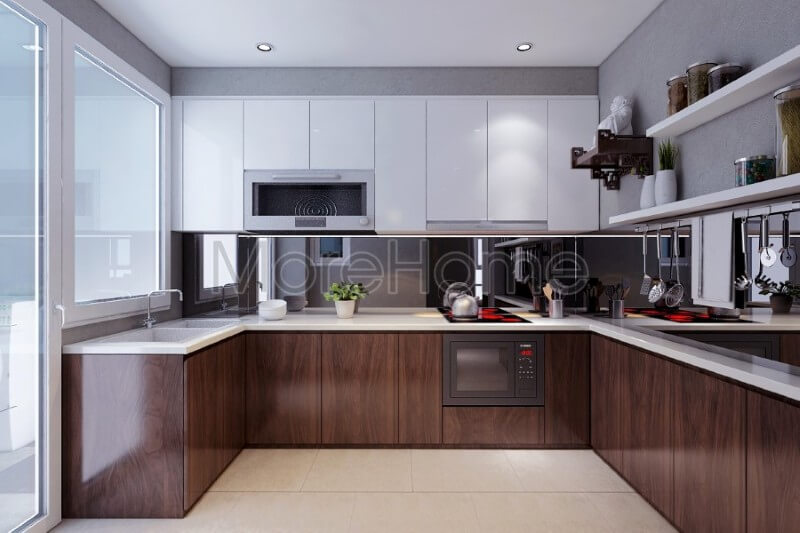 Mẫu tủ bếp đẹp được phân chia nhiều ngăn hợp lí, giúp cho gia chủ dễ dàng phân loại và lưu trữ đồ khô hay vật dụng nấu nướng Tủ bếp hiện đại, tủ bếp chữ u, tủ bếp chữ i, tủ bếp chữ l