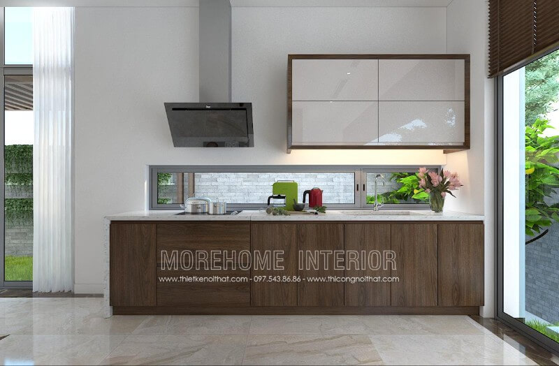 Thiết kế tủ bếp gỗ óc chó cao cấp kết hợp Acrylic là sự lựa chọn lý tưởng cho các không gian nhỏ khiến căn bếp biệt thự như rộng thoáng hơn so với thực tế mà vẫn toát lên vẻ sang trọng, đẳng cấp Tủ bếp hiện đại, tủ bếp chữ u, tủ bếp chữ i, tủ bếp chữ l
