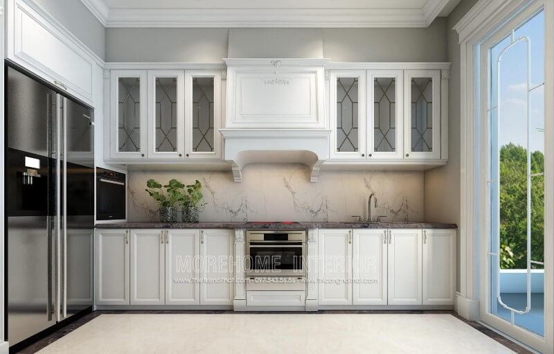 Tủ bếp âm tường kiểu dáng chữ i với chất liệu gỗ tự nhiên phun sơn trắng bệt Alkana cao cấp mang lại căn bếp chung cư sang trọng và thông thoáng hơn Tủ bếp hiện đại, tủ bếp chữ u, tủ bếp chữ i, tủ bếp chữ l