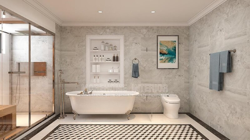 Bồn tắm độc lập Vitoria Hafele cao cấp kết hợp cùng cách thiết kế khoa học, thẩm mỹ từ đá ốp tường, gạch lát nền giả cổ, vách tắm kính đã tạo nên không gian phòng tắm đẹp, sang trọng, độc đáo. Thiết kế chung cư