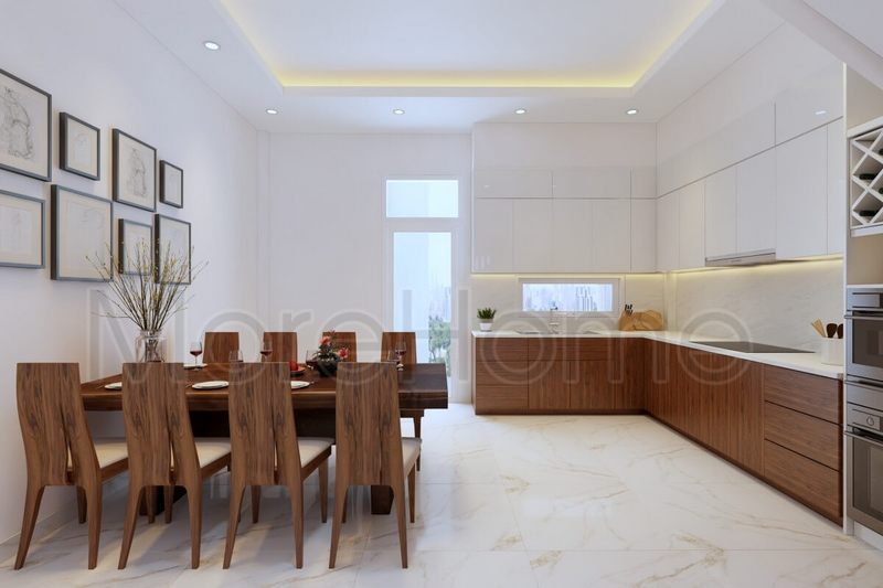 Thiết kế phòng ăn liền bếp đẹp với nội thất gỗ tự nhiên cao cấp mà lại sự quí phái cho gia chủ