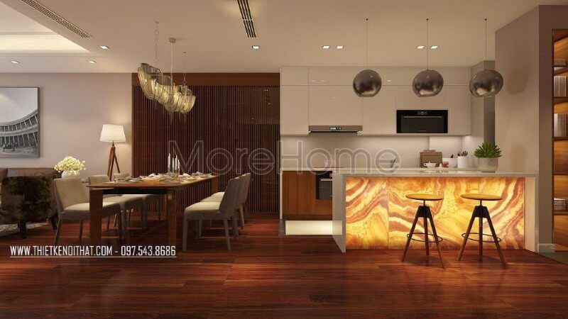 Thiết kế nội thất phòng ăn liền kề với khu vực nấu nướng mang lại sự thuận tiện hơn cho gia chủ