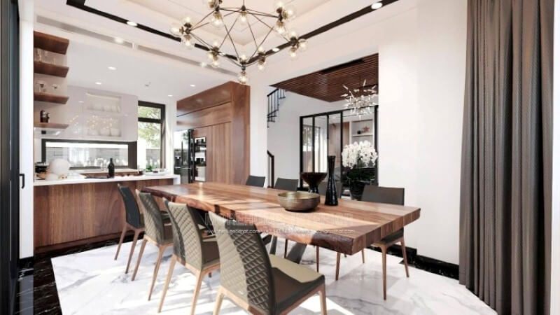 Sẽ là một gợi ý tuyệt vời với sự hiện hữu tủ bếp gỗ óc chó veneer trầm ấm kết hợp gam màu trắng sáng, long lanh từ tủ bếp trên gỗ công nghiệp acrylic và mặt bàn bếp đá nhân tạo LG. Sự tương phản giữa 2 sắc màu sẽ là ý tưởng tuyệt vời cho bố trí nội thất phòng bếp hiện đại cho không gian nhà phố, biệt thự.