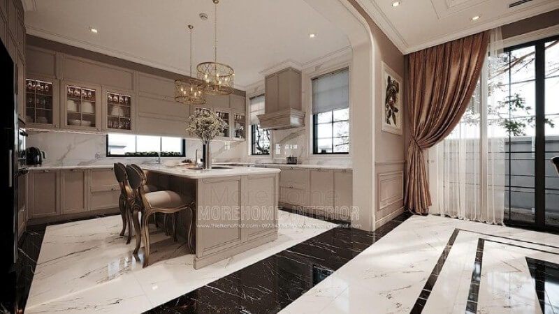Bố trí nội thất phòng bếp cao cấp đẹp, sang trọng cho biệt thự, nhà phố.