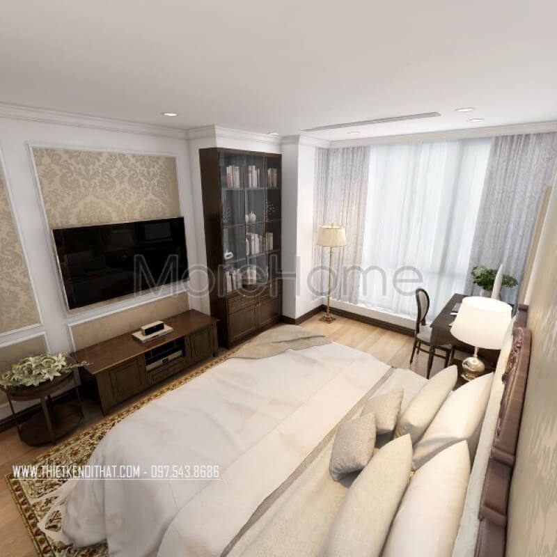 Lấy tone màu trắng tinh khôi đóng vai trò chủ đạo, nội thất phòng ngủ chung cư trở nên vô cùng sang trọng và nhẹ nhàng hơn