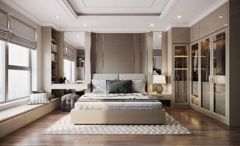 Phòng ngủ hiện đại và có nhiều đồ nội thất nhưng lại với một tông màu trắng sữa vì thế cho nên không bị rối mắt