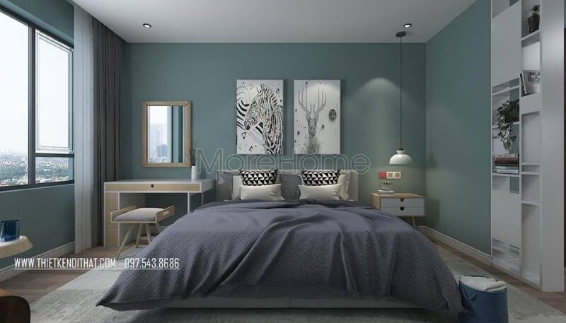 Thiết kế nội thất phòng ngủ chung cư gam màu xanh nhẹ nhàng, nội thất thiết kế hiện đại đơn giản nhưng tiện nghi