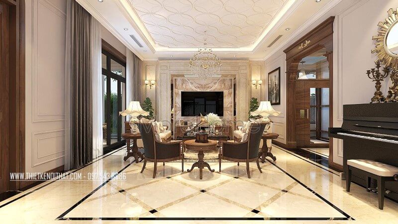 Mẫu bàn ghế sofa đơn gỗ óc chó của Vinhomes Greenbay giúp phòng khách biệt thự trở nên đẹp đẽ hơn.