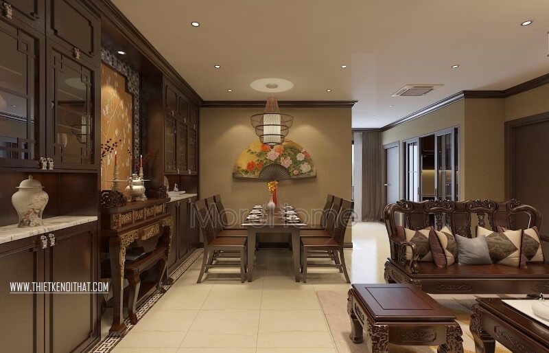 Thiết kế nội thất phòng ăn chung cư liền kề khu vực phòng khách tạo sự linh hoạt liên kết không gian