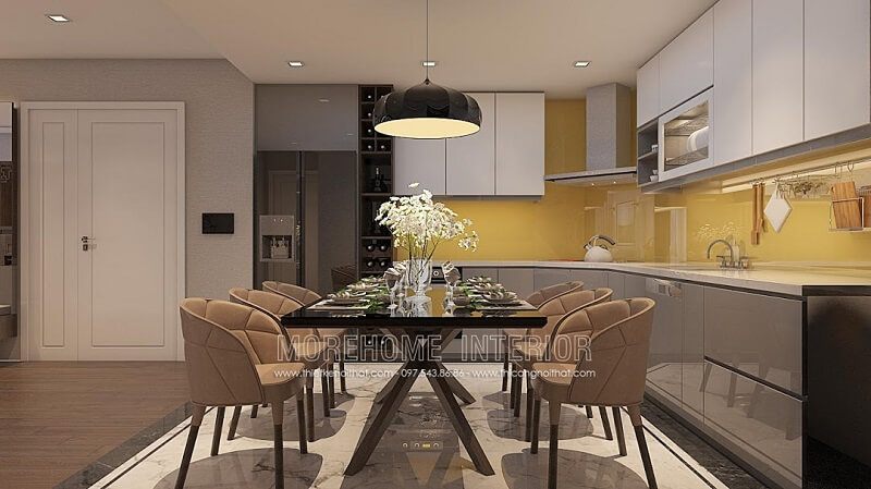 Bộ bàn ăn cao cấp góp phần tạo nên sự nổi bật trong không gian căn phòng.