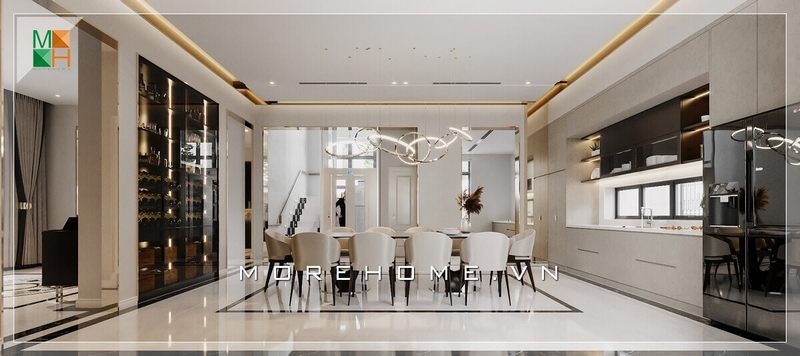 Phòng ăn cao cấp với nội thất gỗ tự nhiên theo phong cách hiện đại được thiết kế để phù hợp với các căn hộ, nhà phố và biệt thự cao cấp.