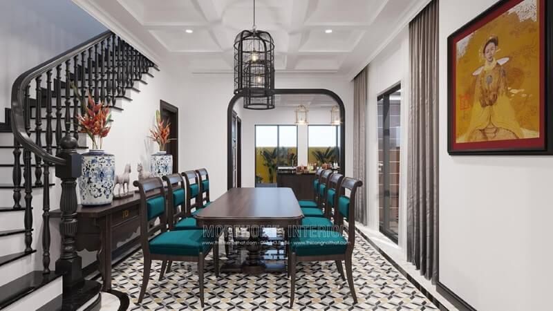 Biến đổi phòng ăn của biệt thự thành một bức tranh treo tường phong cách Á Đông sẽ làm cho nó khác biệt hơn.