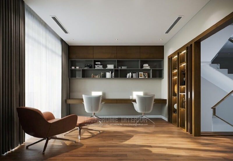 Sự trang trí đẹp của phòng học tại nhà ấn tượng với sự sử dụng của đồ nội thất gỗ công nghiệp An Cường.