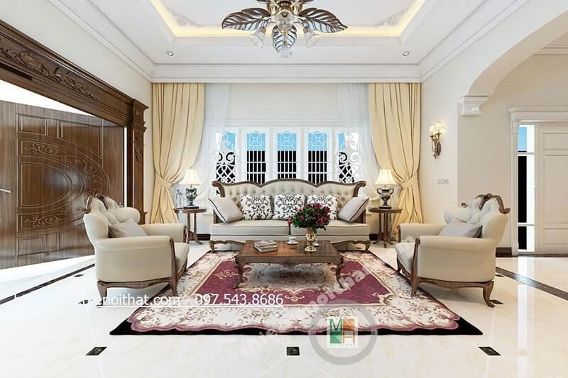 Phòng khách được thiết kế rộng rãi với nội thất gỗ tự nhiên tone màu trắng góp phần tạo nên không gian sang trọng cao cấp.